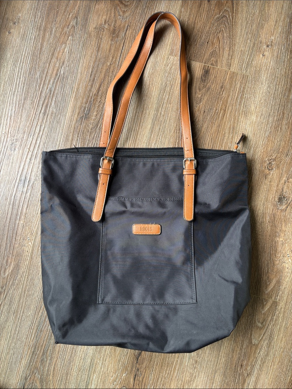 Roots Black Tote with Tan Leather Straps